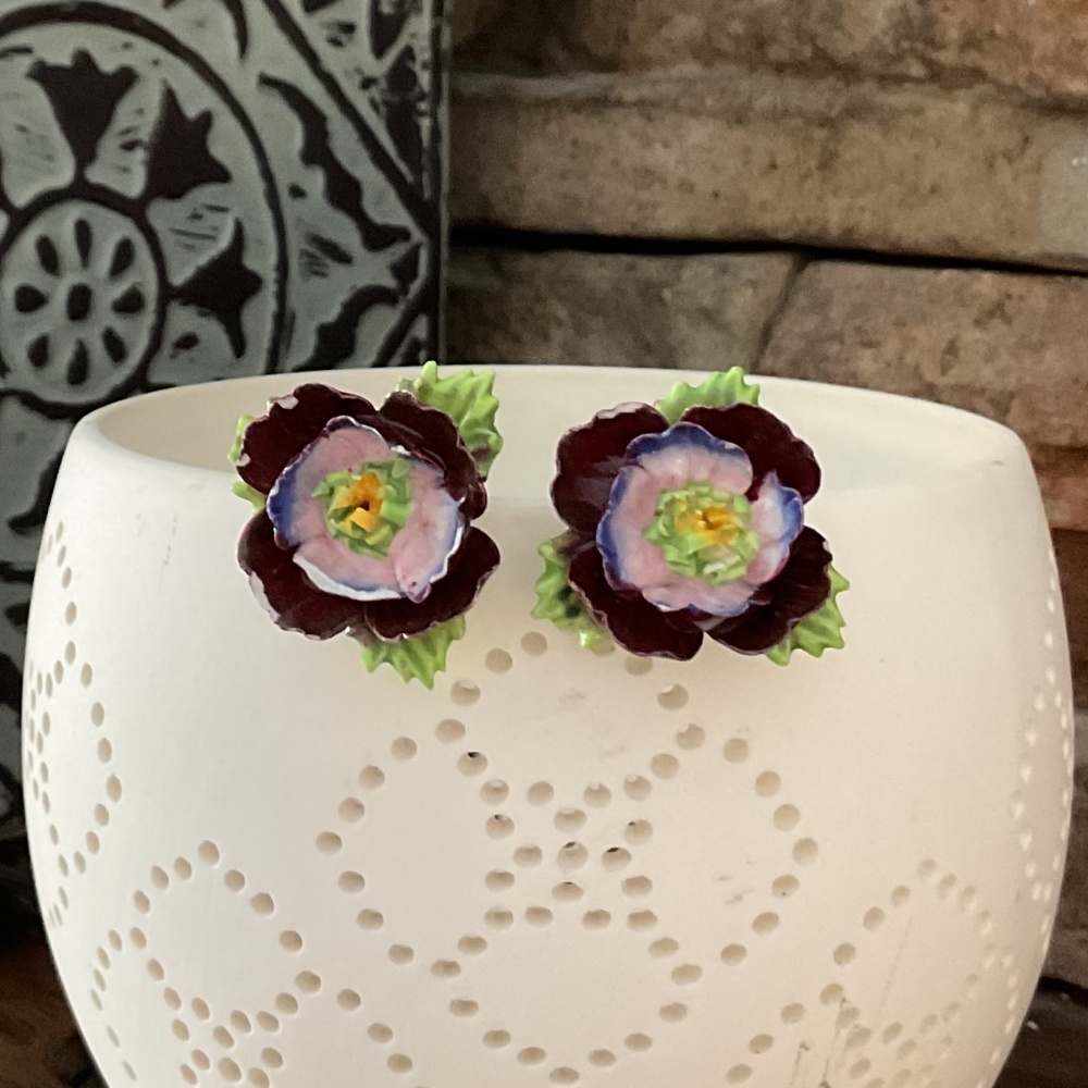 Vintage Dresden Florat Floral porcelain earrings - screw back